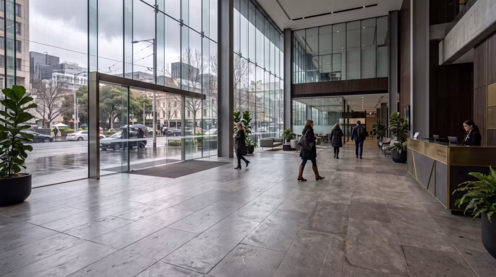 commercial stone floor restoration Melbourne, commercial marble polishing Melbourne, foyer terrazzo restoration Victoria, office stone maintenance Melbourne, commercial stone sealing