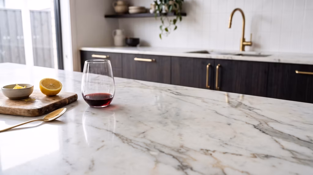 Stone benchtop watermark removal, How to remove watermarks from marble benchtop, acid etch removal Melbourne, fix dull spots on stone benchtop, stone benchtop chemical burn repair, stone benchtop restoration Melbourne