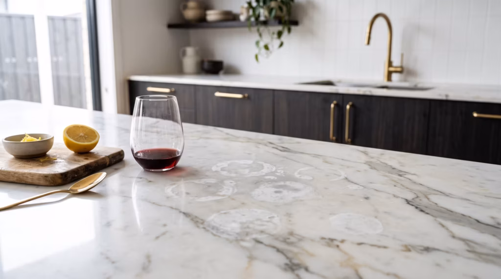Stone benchtop watermark removal, How to remove watermarks from marble benchtop, acid etch removal Melbourne, fix dull spots on stone benchtop, stone benchtop chemical burn repair, stone benchtop restoration Melbourne