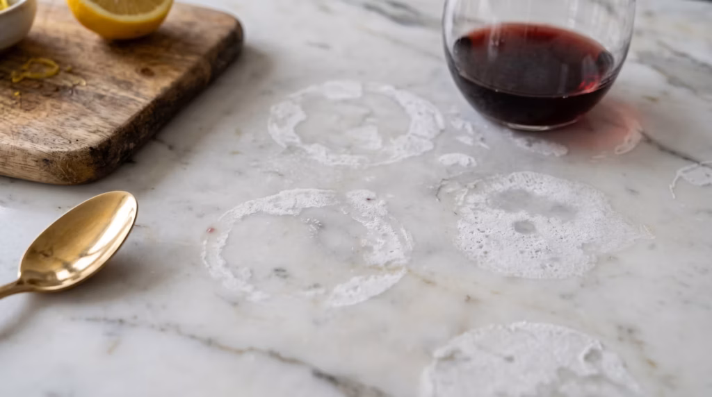 Stone benchtop watermark removal, How to remove watermarks from marble benchtop, acid etch removal Melbourne, fix dull spots on stone benchtop, stone benchtop chemical burn repair, stone benchtop restoration Melbourne