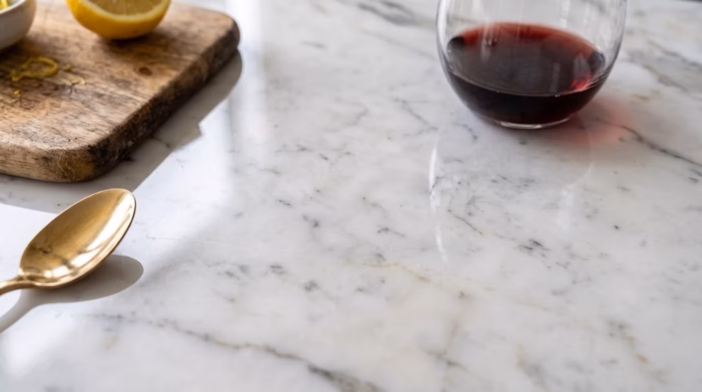 Stone benchtop watermark removal, How to remove watermarks from marble benchtop, acid etch removal Melbourne, fix dull spots on stone benchtop, stone benchtop chemical burn repair, stone benchtop restoration Melbourne