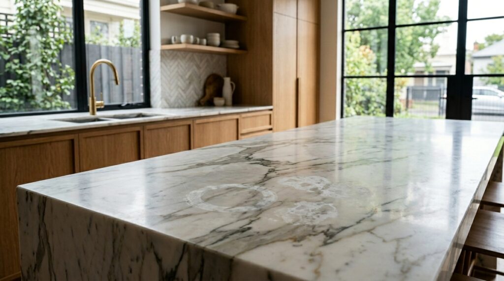 marble benchtop restoration melbourne, remove etch marks marble counter, marble repair south yarra, carrara marble stain removal toorak, marble honing and polishing malvern