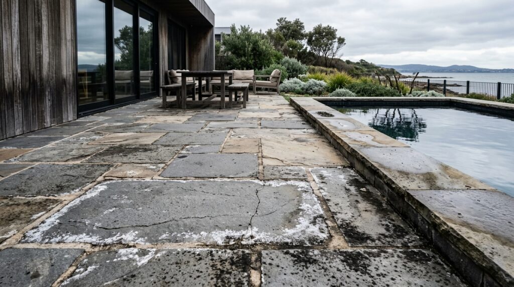 outdoor stone restoration melbourne, bluestone sealing brighton, travertine pool surrounds repair, sandstone cleaning and sealing toorak, efflorescence removal melbourne